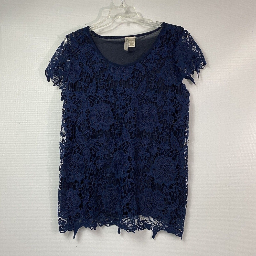 Simply Irresistible Lace Blouse Plus Womens Size 2X Short Sleeves Stretchy Blue